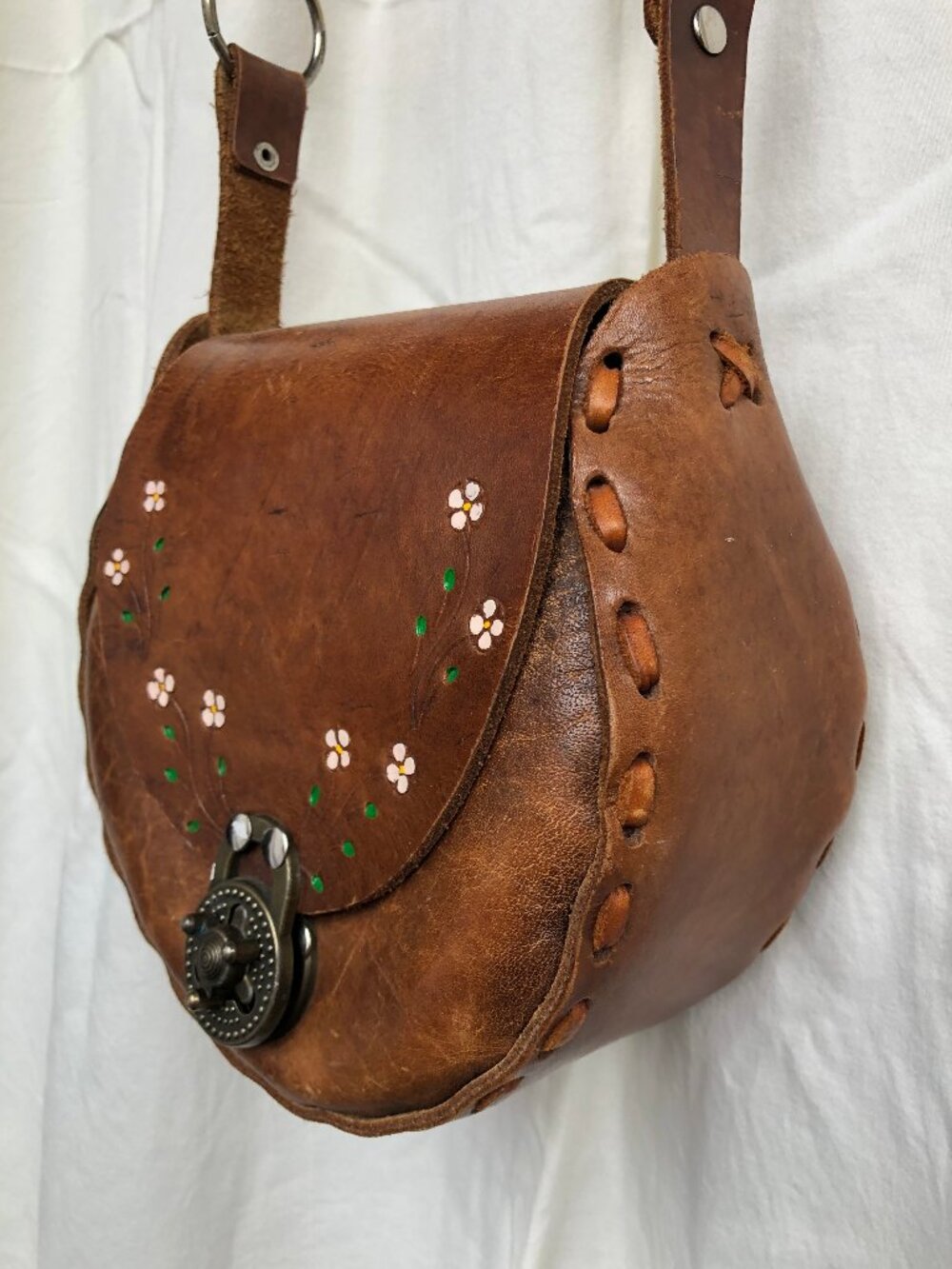 70s Tooled Leather Laced Bag